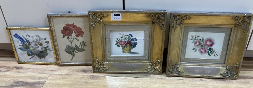 Victorian School, pair of watercolours, Studies of flowers in a basket and roses, period gilt frames, 15 x 19cm and two later flower st